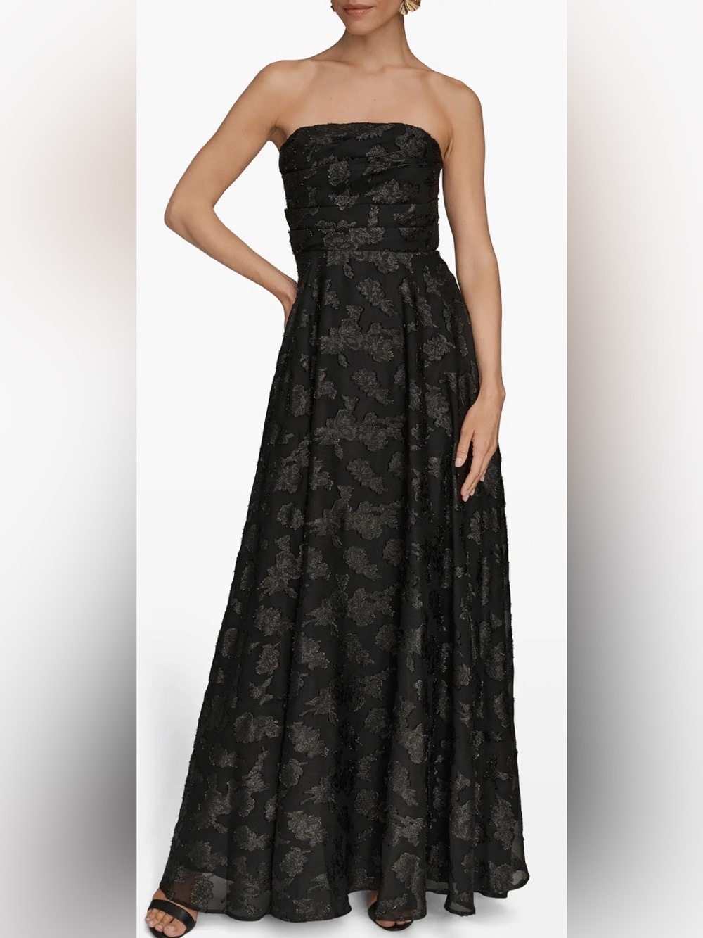 NEW Donna Karan New York Ruched Metallic Strapless Black Gown Sz 14